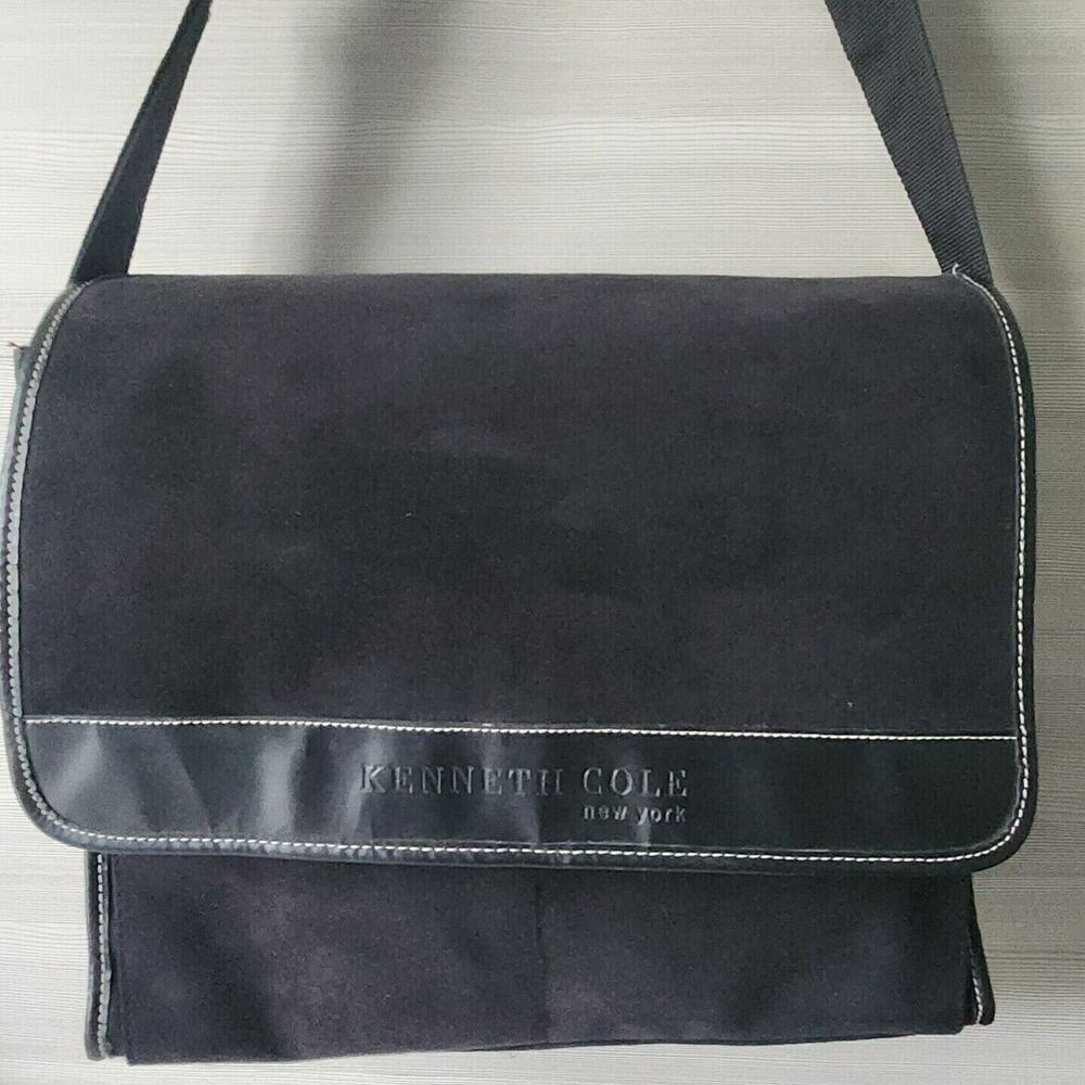 Kenneth Cole New York Messenger Shoulder Bag Black Faux Suede‎ Adjustable Strap